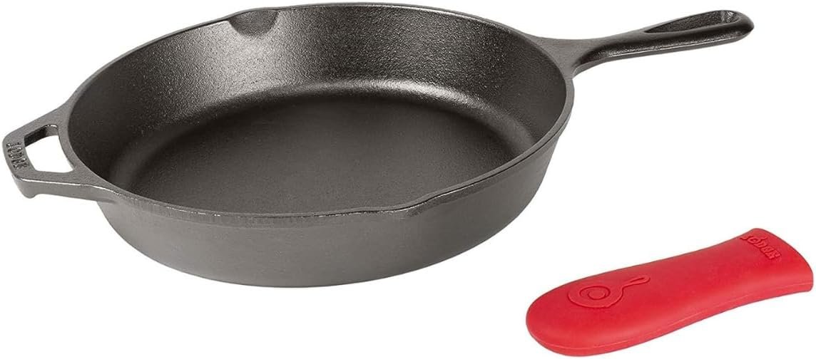 lodge 12 inch cast iron skillet with red silicone