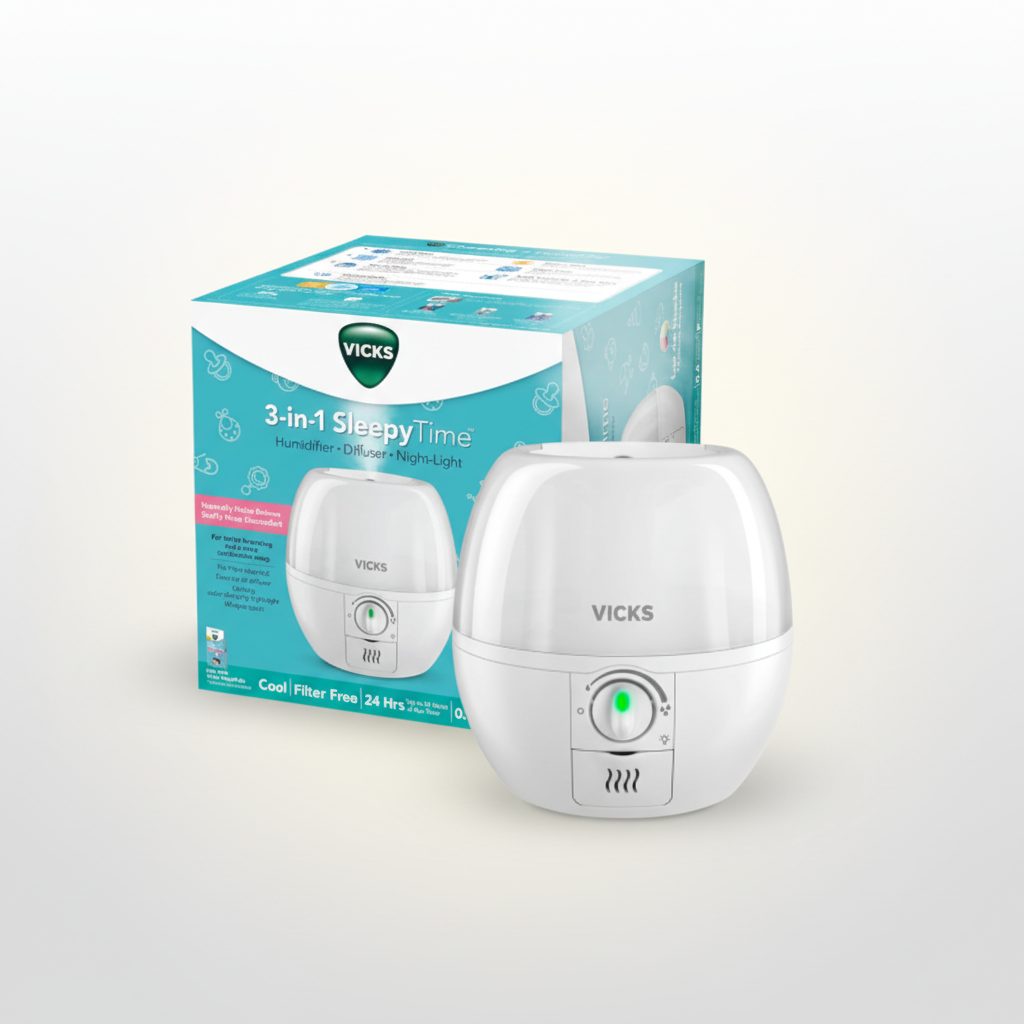 Vicks 3-in-1 SleepyTime Humidifier, No. 1 Brand Recommended by Pediatricians*. Cool Mist Humidifier with Night-Light, and Essential Oil Diffuser for Baby and Kids rooms. Visible Cool Mist, White.