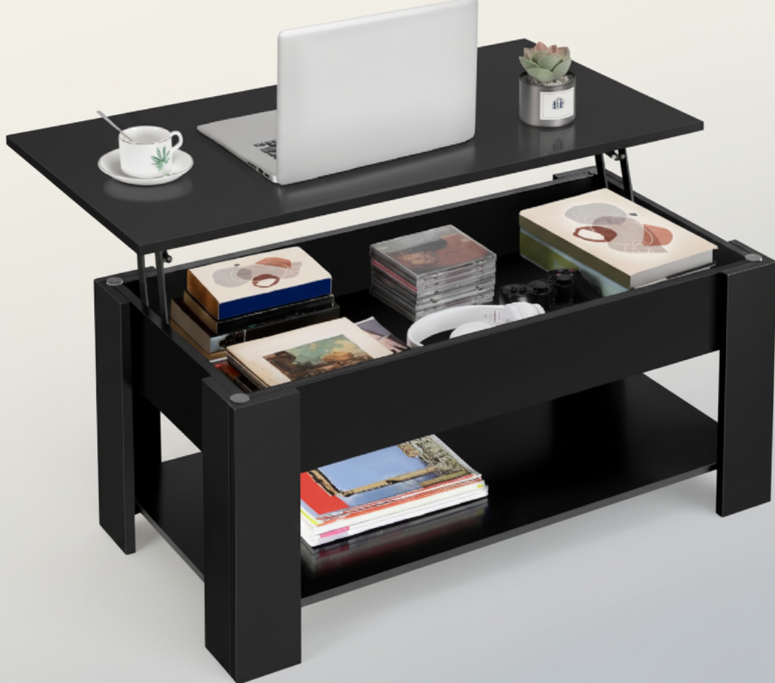 Yaheetech Wooden Coffee Table, Lift Top Coffee Table with Large Hidden Storage Shelf, Lift Tabletop Dining Tables for Living Room, Home Small Space, 38.6in, Black