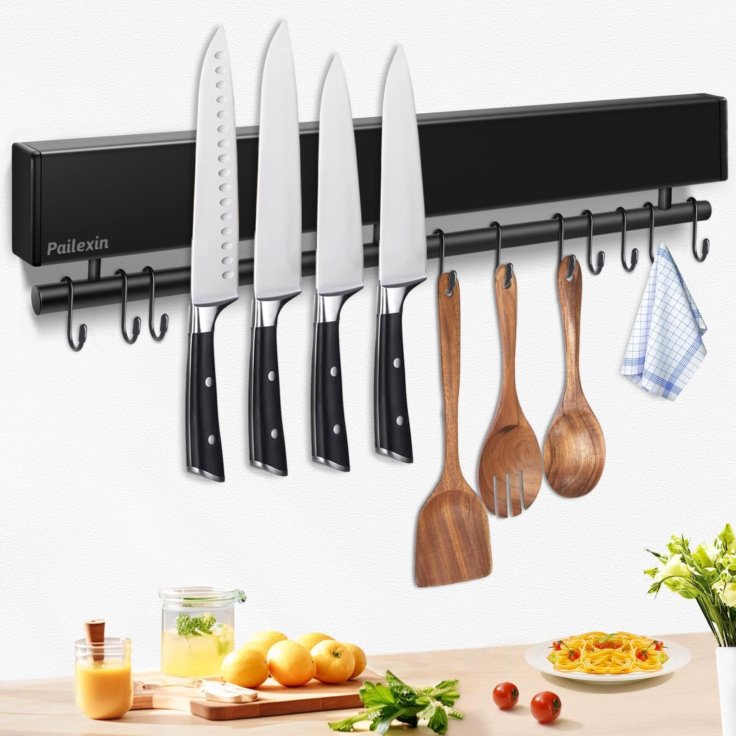 17 inch magnetic knife holder with 10 hooks, No Drilling black knife magnetic strip and utensil hanger for wall, Powerful knife magnet rack include tape and screws - Review 2026 17 inch magnetic knife holder with 10 hooks no dr