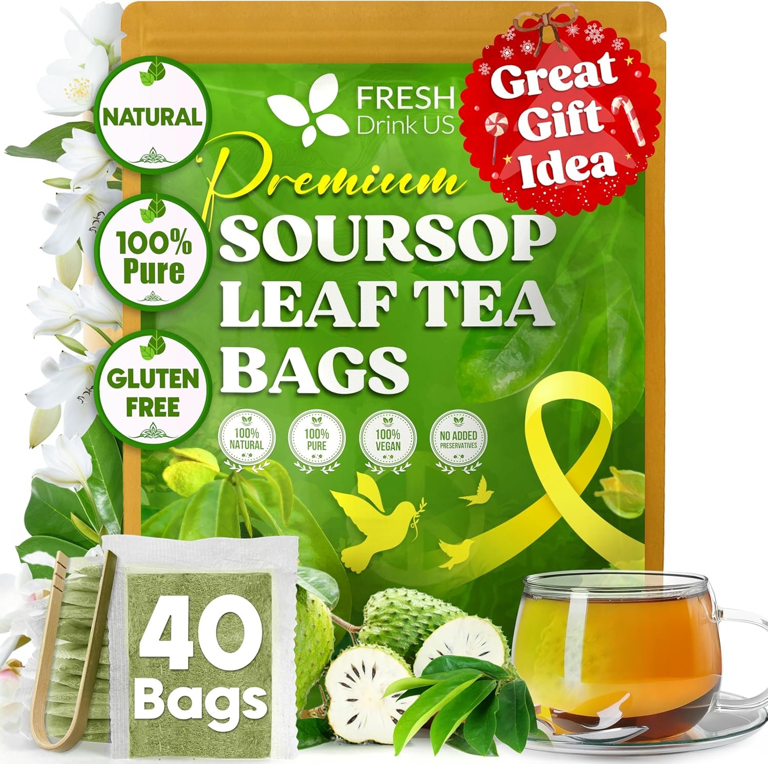 40 Premium Soursop Graviola Leaf Tea Bags, 100% Natural and Pure from Soursop Leaves, Handmade, Made With Natural Materials-Corn Fiber Tea Bag, Sugar/Caffeine/Gluten Free, Hoja Guanabana Tea - Review 2026 40 premium soursop graviola leaf tea bags 100 na