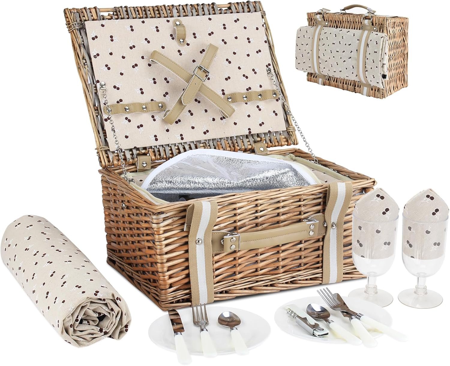 willow picnic basket set for 2 persons with large