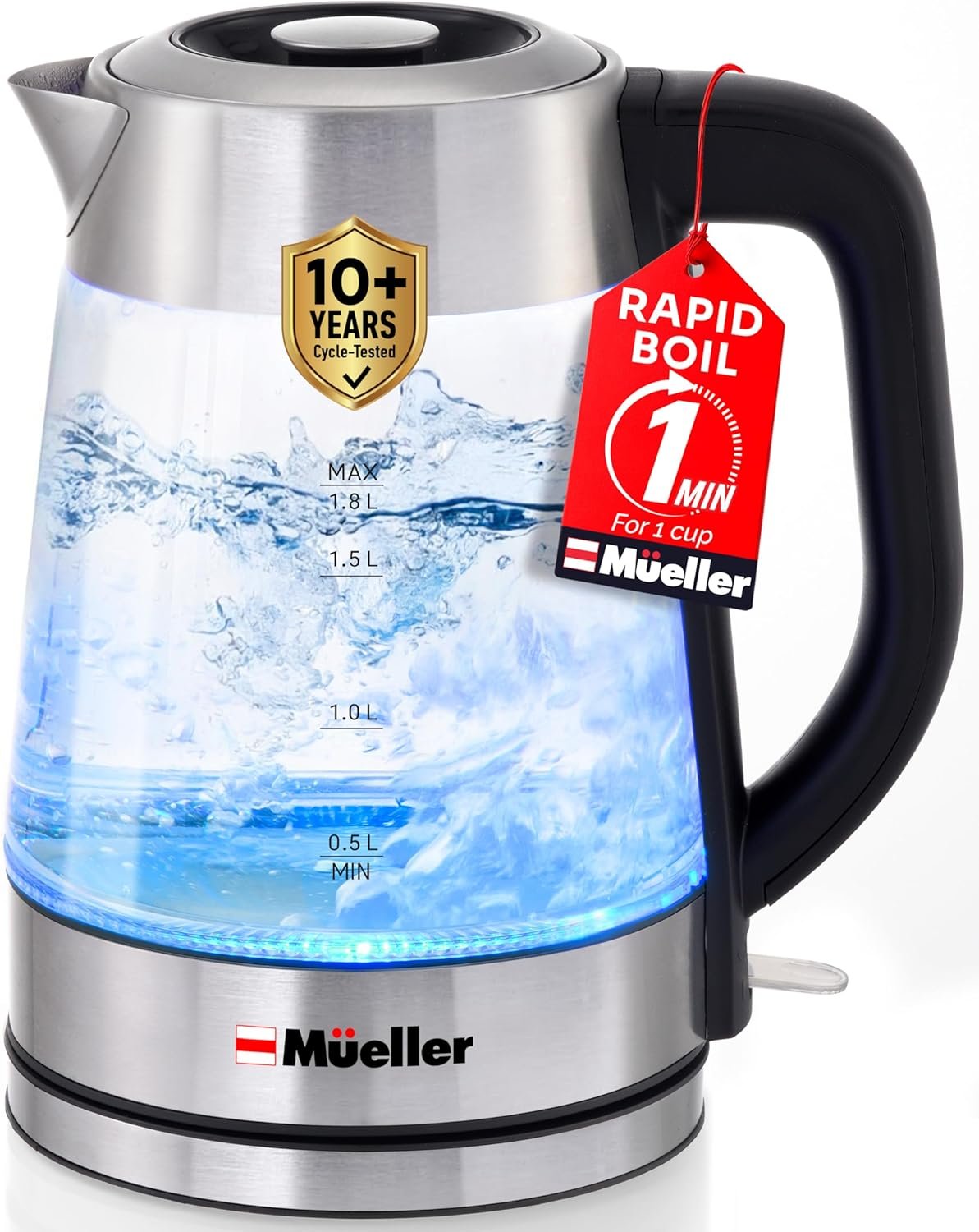 Mueller Rapid Boil Electric Tea Kettle 1.8L – Borosilicate Glass & Stainless Steel – BPA-Free Hot Water Boiler, LED Light, Auto Shut-Off, Boil Dry Protection Fast Water Heater – Kitchen Appliances - Review 2026 mueller rapid boil electric tea kettle 1 8l boro